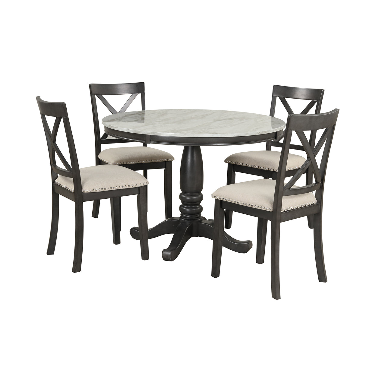 5 Piece Dining Set with Upholstered chairs - Brown/White