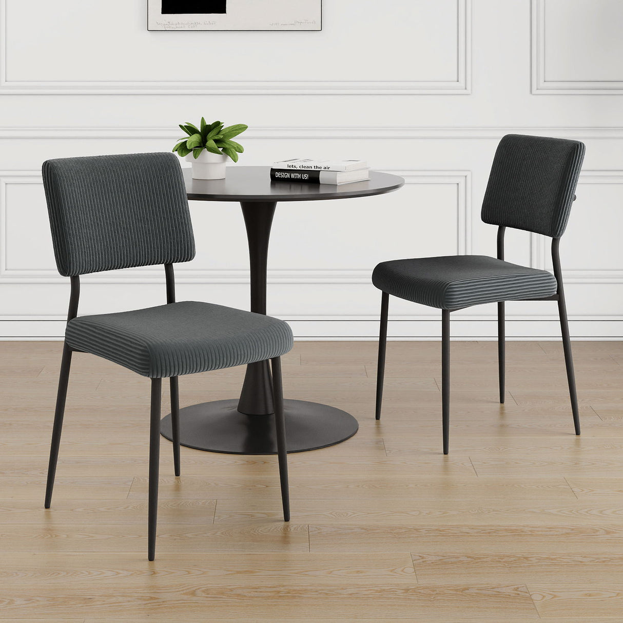 3 PC Dining Set with Black round Table and 2 Upholstered Chairs - Black / Dark Gray