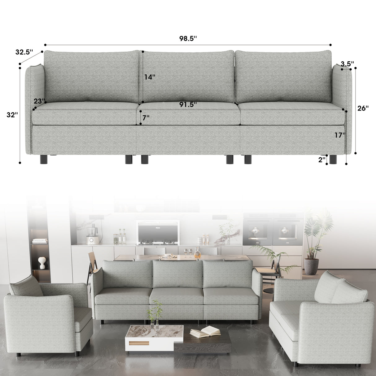 3 Pc Modular living room Set With Different Configurations, Light Gray