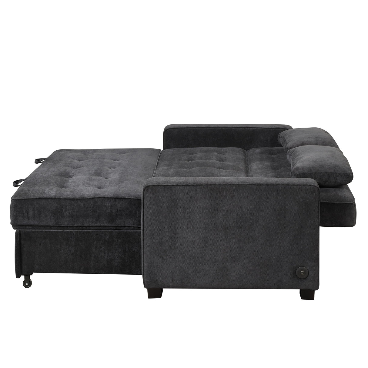 66.5" Upholstered Loveseat With Pull Out Bed, Two Throw Pillows, Dual USB Charging Port and Adjustable Backrest - Black