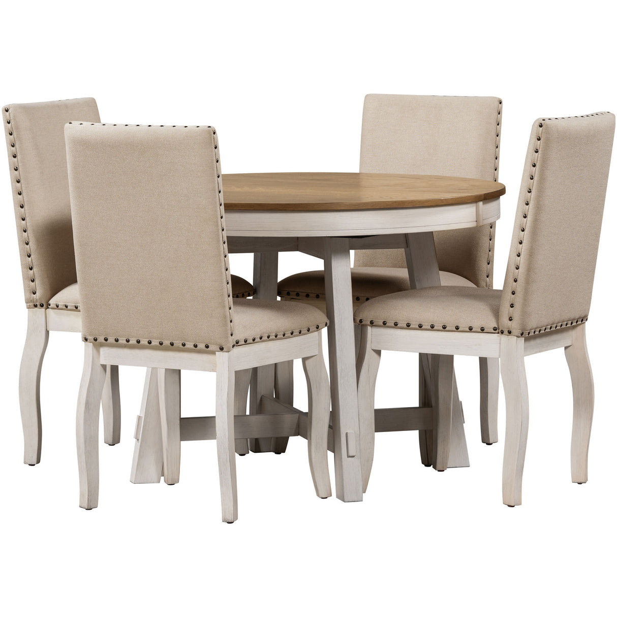 5-Piece Round Farmhouse Dining Set With Extendable Table and 4 Upholstered Dining Chairs - Oak Natural Wood + Antique White)