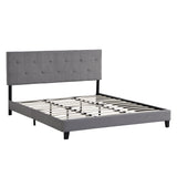 King Size Upholstered Platform Bed Frame With Button Tufted Linen Fabric Headboard, No Box Spring Needed, Wood Slat Support