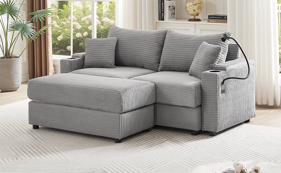 72.8" Modern Style Loveseat with Storage Space, Movable Ottoman, Two USB Ports, Two Cup Holders and Phone Holder - Gray