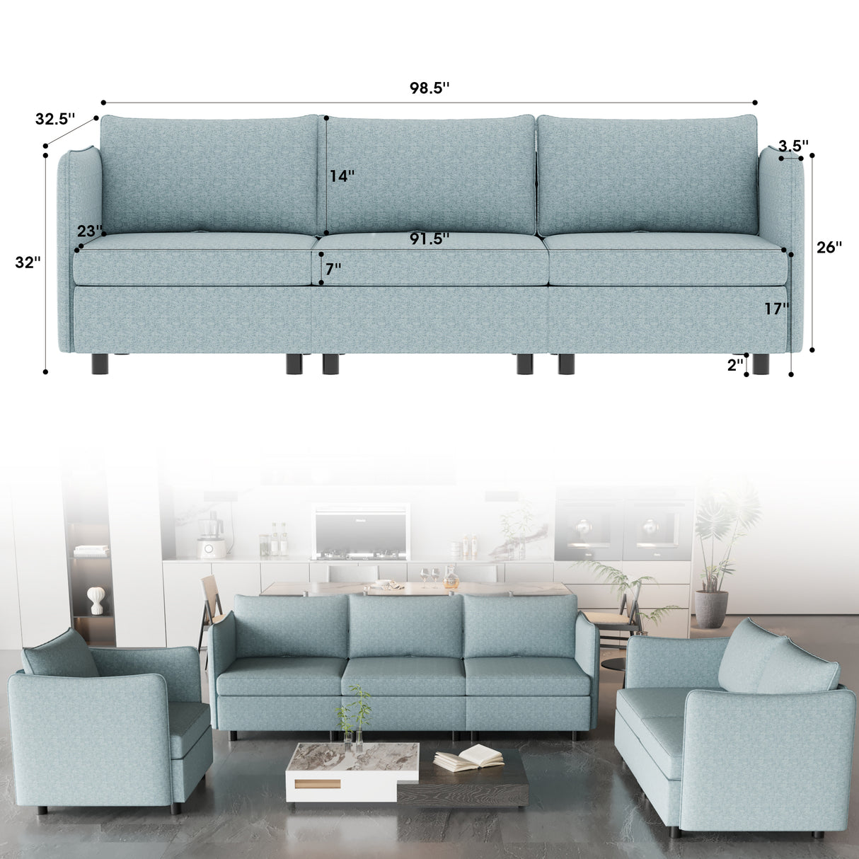 3 Piece Modular Living Room Set With Sofa, love seat and Chair, Sea Foam