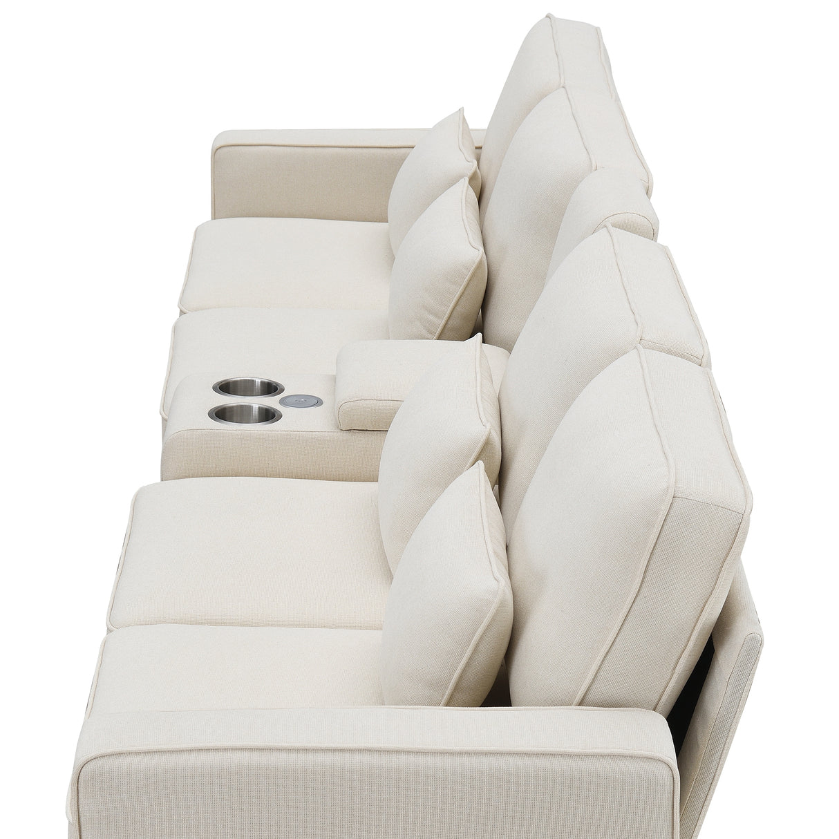 114.2" Upholstered Sofa with Console, 2 Cupholders and 2 USB Ports for Wired or Wireless Charge with 4 Pillows - Beige