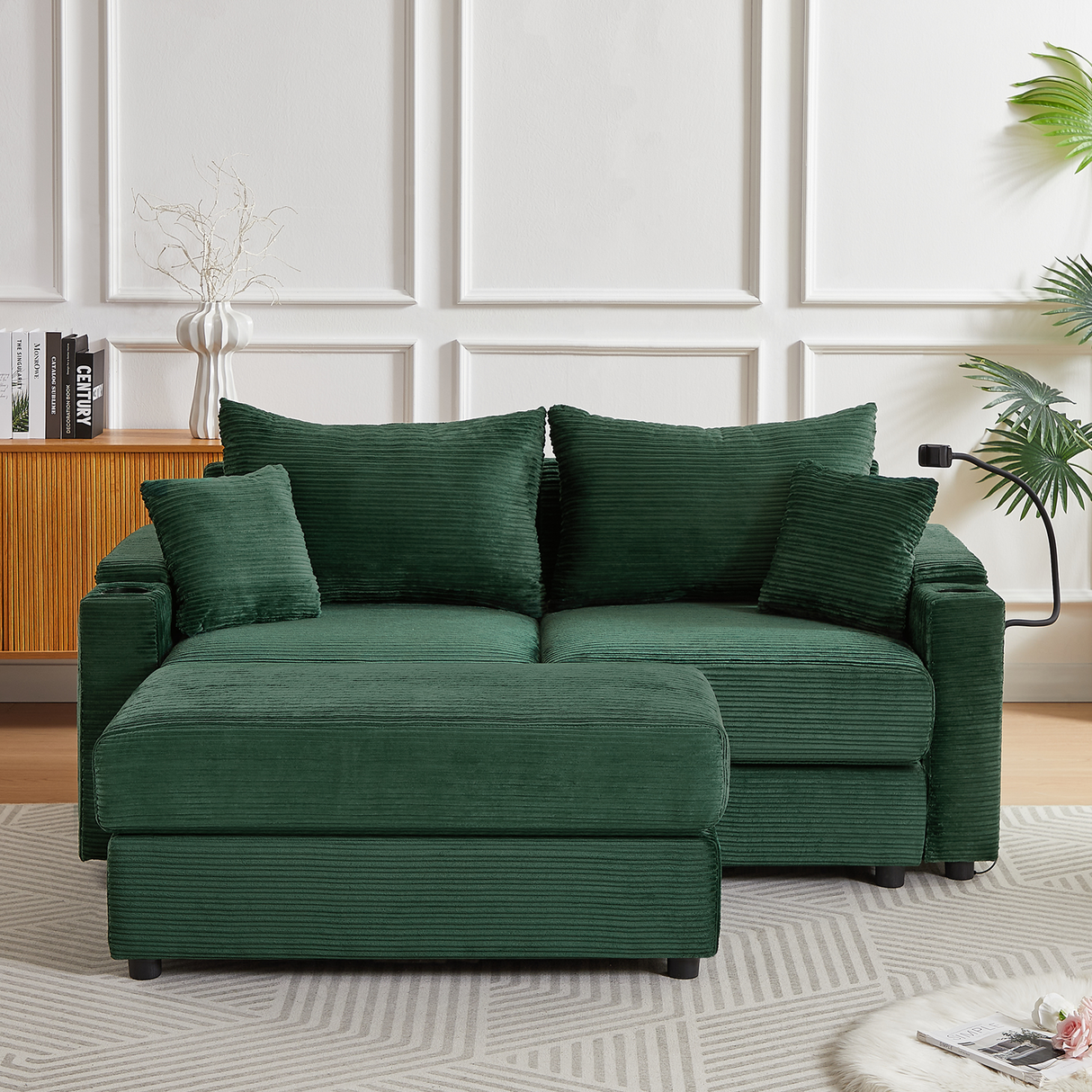 72.8" Modern Style Loveseat with Storage Space, Movable Ottoman, Two USB Ports, Two Cup Holders and Phone Holder - Green