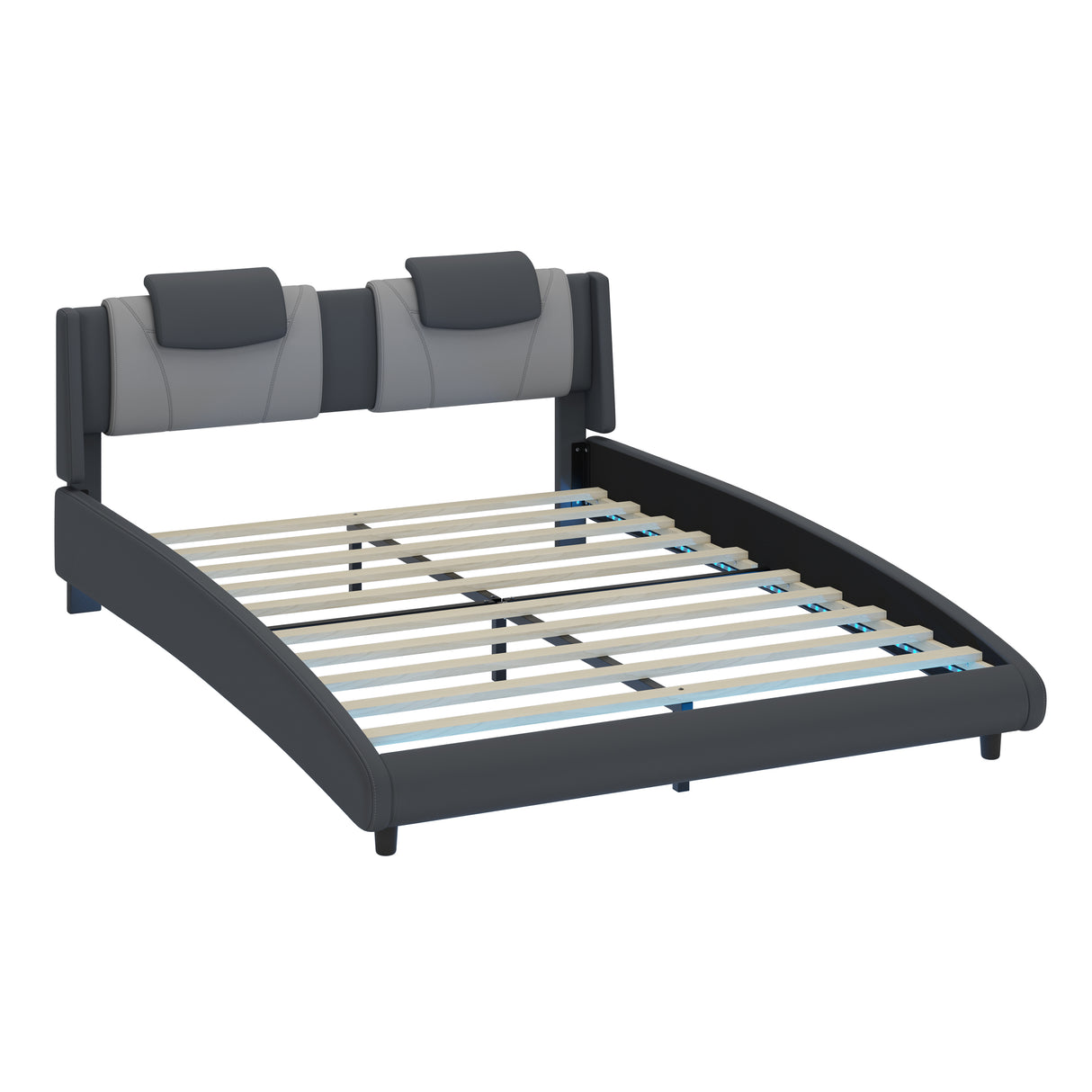 King Faux Leather Upholstered Platform Bed with LED Light and Adjustable Headboard, Gray