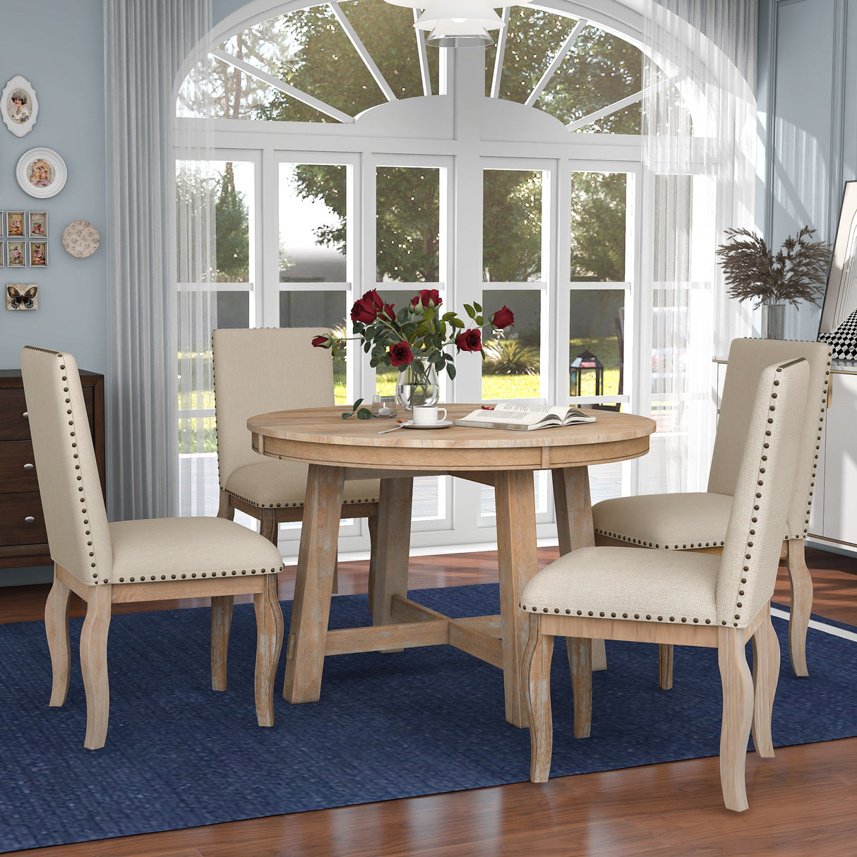 5-Piece Farmhouse Dining Table Room Set With Round Extendable Table and 4 Upholstered Dining Chairs (Natural Wood Wash)