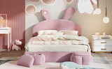 Full Size Upholstered Platform Bed with Cartoon Ears Shaped Headboard and Light, Pink