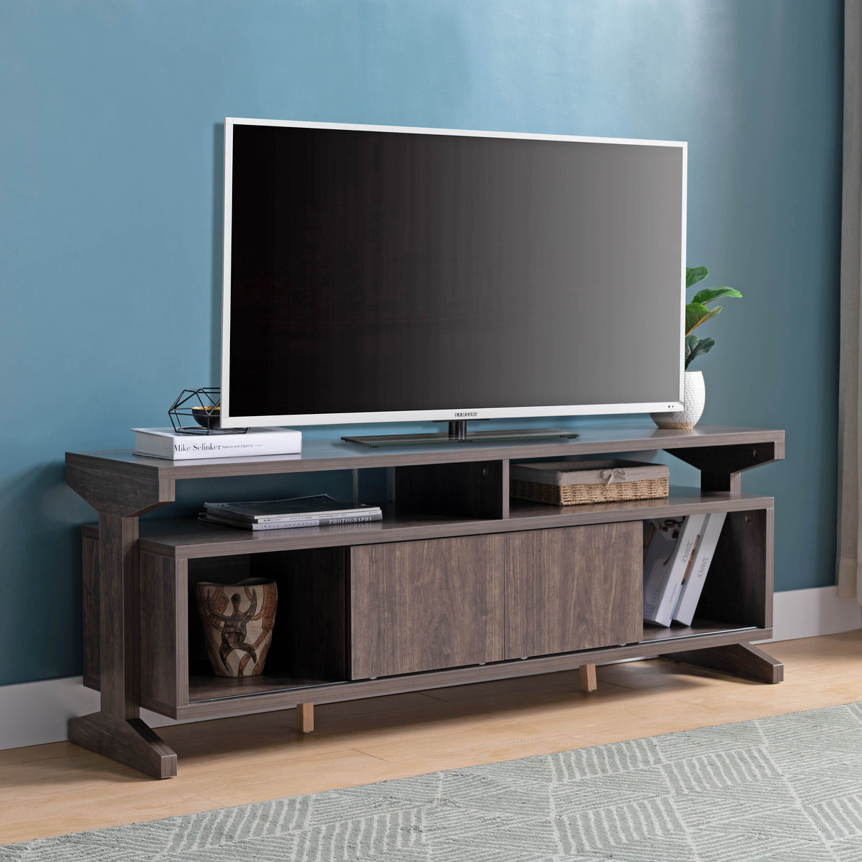 TV Center Console With Sliding Doors, Storage And Display Shelves, TV Stand - Brown Walnut