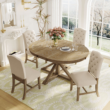 Dining Set with Extendable Table and 4 Upholstered Chairs - Natural Wood Wash