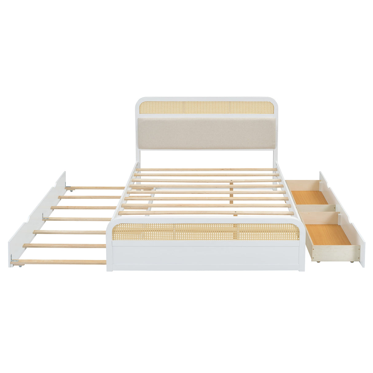 Wooden Platform Bed With Trundle And 2 Drawers