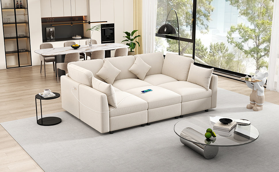 85.4" Modular Sectional Sofa with a Movable Ottoman and Two USB Ports, Beige