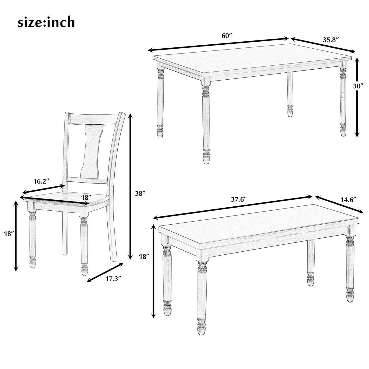 6 Piece Dining Set With Table, 4 Chairs and Bench - Brown / Cottage White