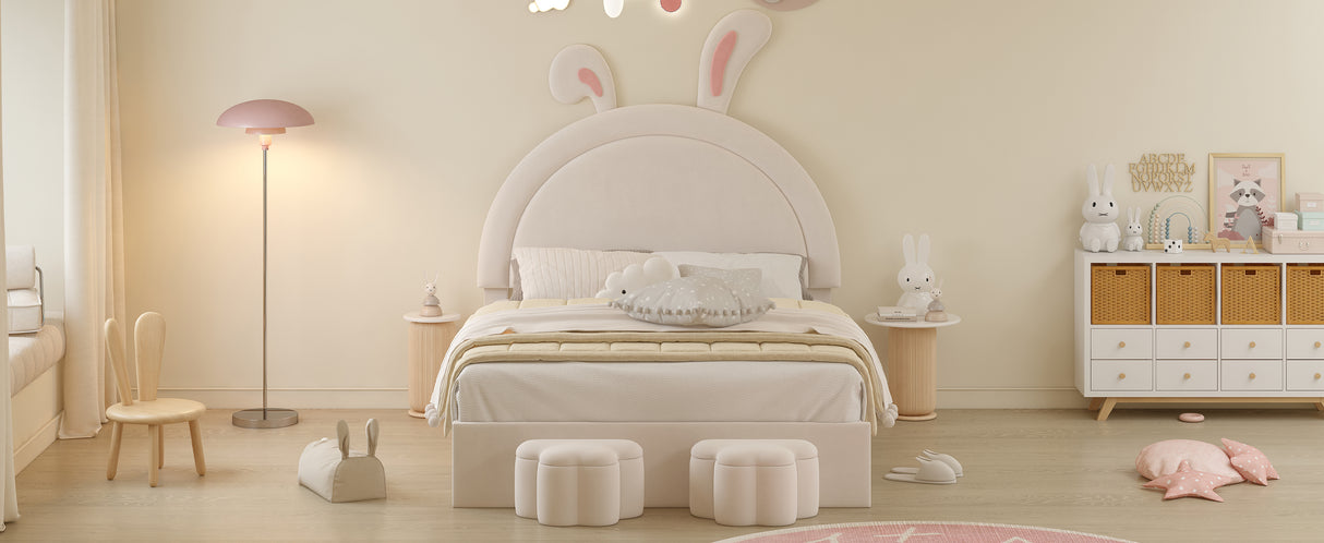 Full size Upholstered Rabbit-Shape Bed with 2 Storage Stools and Cartoon Ears Shaped Headboard, White