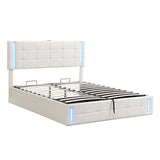 Queen Size Upholstered Bed with LED Lights, Hydraulic Storage System and USB Charging Station,White