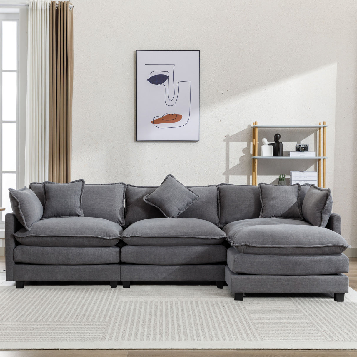 112.2" Chenille Upholstered Sofa with Ottoman and 5 Pillows - Gray