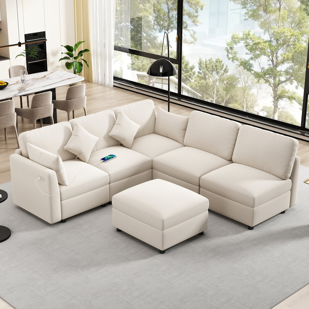 85.4" Modular Sectional Sofa with a Movable Ottoman and Two USB Ports, Beige