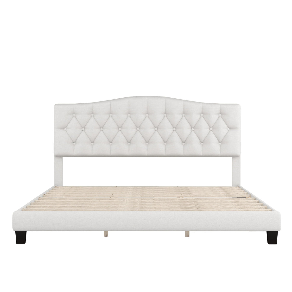 King Upholstered Platform Bed With Saddle Curved Headboard And Diamond Tufted Details - Beige