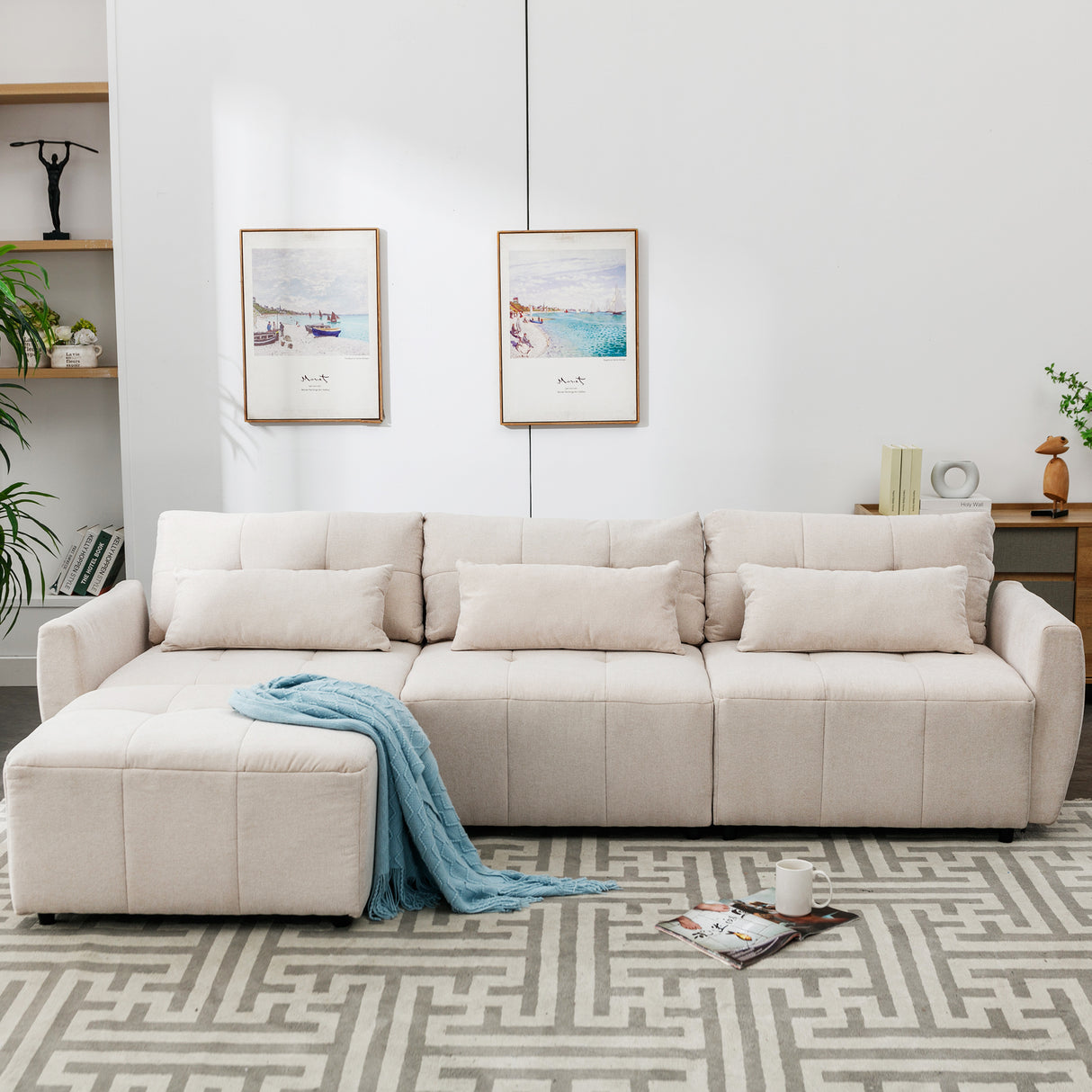 113.3" Modular Sectional Sofa with Ottoman and USB and USB-C Ports - Beige