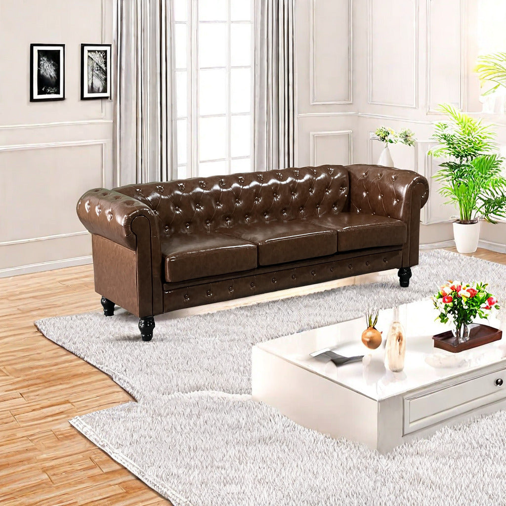 PU Upholstered Tufted Sofa - Brown