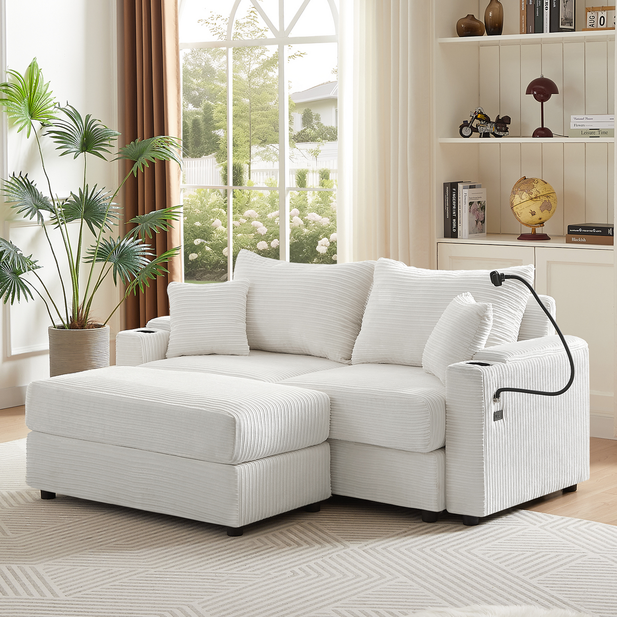 72.8" Modern Style Loveseat with Storage Space, Movable Ottoman, Two USB Ports, Two Cup Holders and Phone Holder - Beige