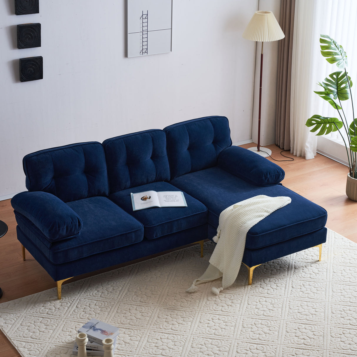 83" Modern Velvet Sofa Chaise - Blue