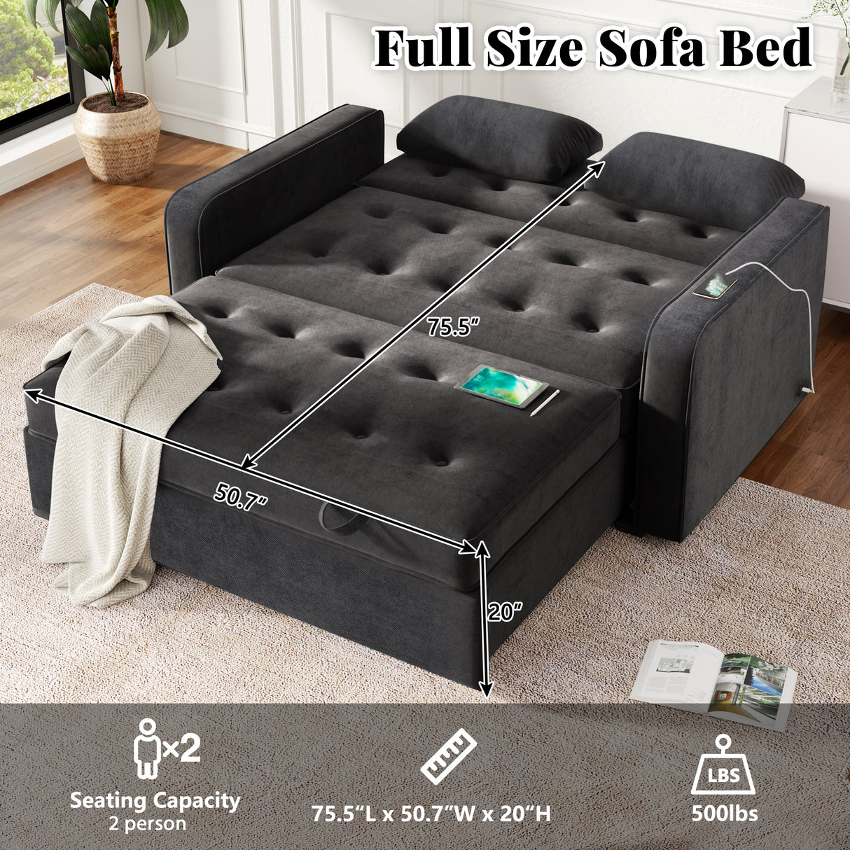 66.5" Upholstered Loveseat With Pull Out Bed, Two Throw Pillows, Dual USB Charging Port and Adjustable Backrest - Black