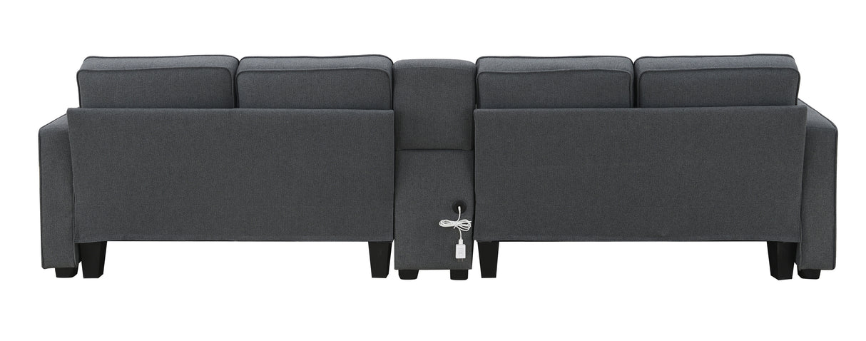 114.2" Upholstered Sofa with Console, 2 Cupholders, 2 USB Ports for Wired or Wireless Charge with 4 Pillows - Charcoal Gray