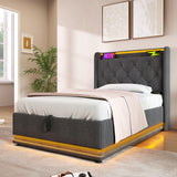 Twin Upholstered bed With 360 Surround LED, Remote Control, Hydraulic storage, USB Type-C charging - Gray