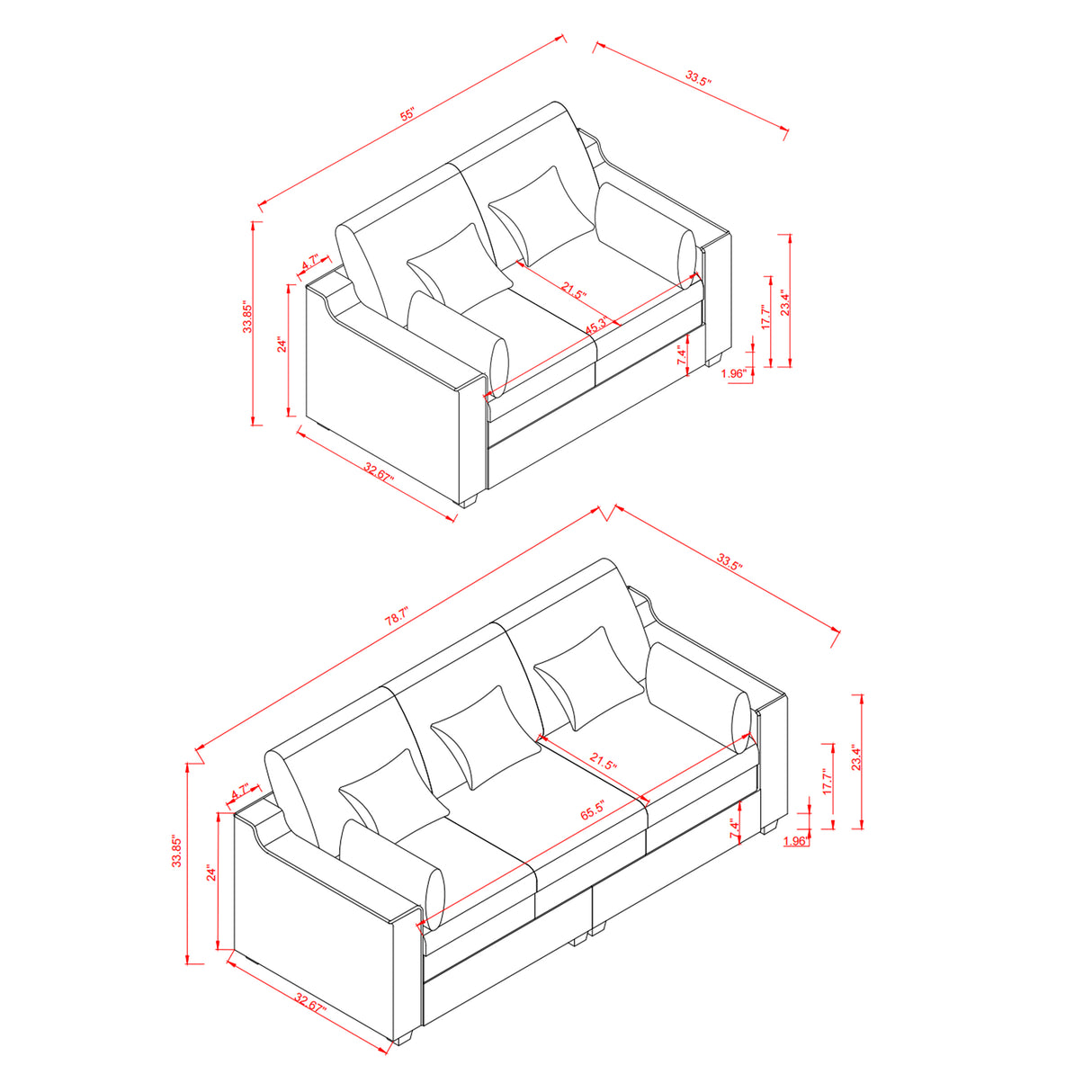 2 Piece Living Room Set Including Sofa and Love seat with Pillows - Grey