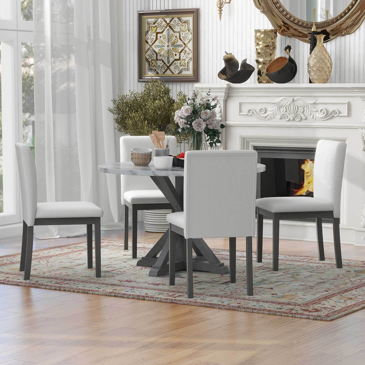 Dining Set with Faux Marble Top and 4 Upholstered Chairs (White+Gray)