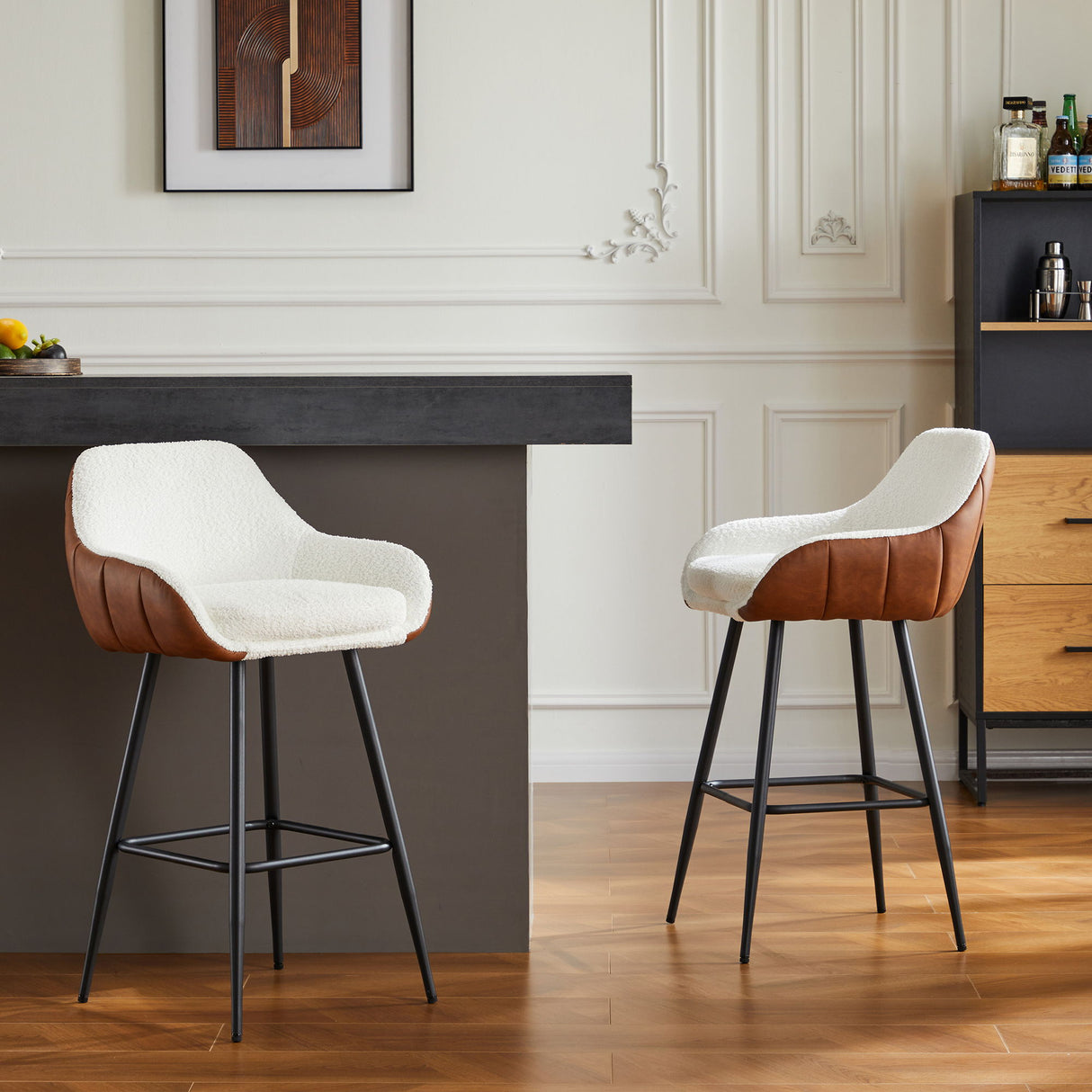 Modern Counter Height Bar Stools (Set of 2 ) With Metal Legs - Dark Brown / White