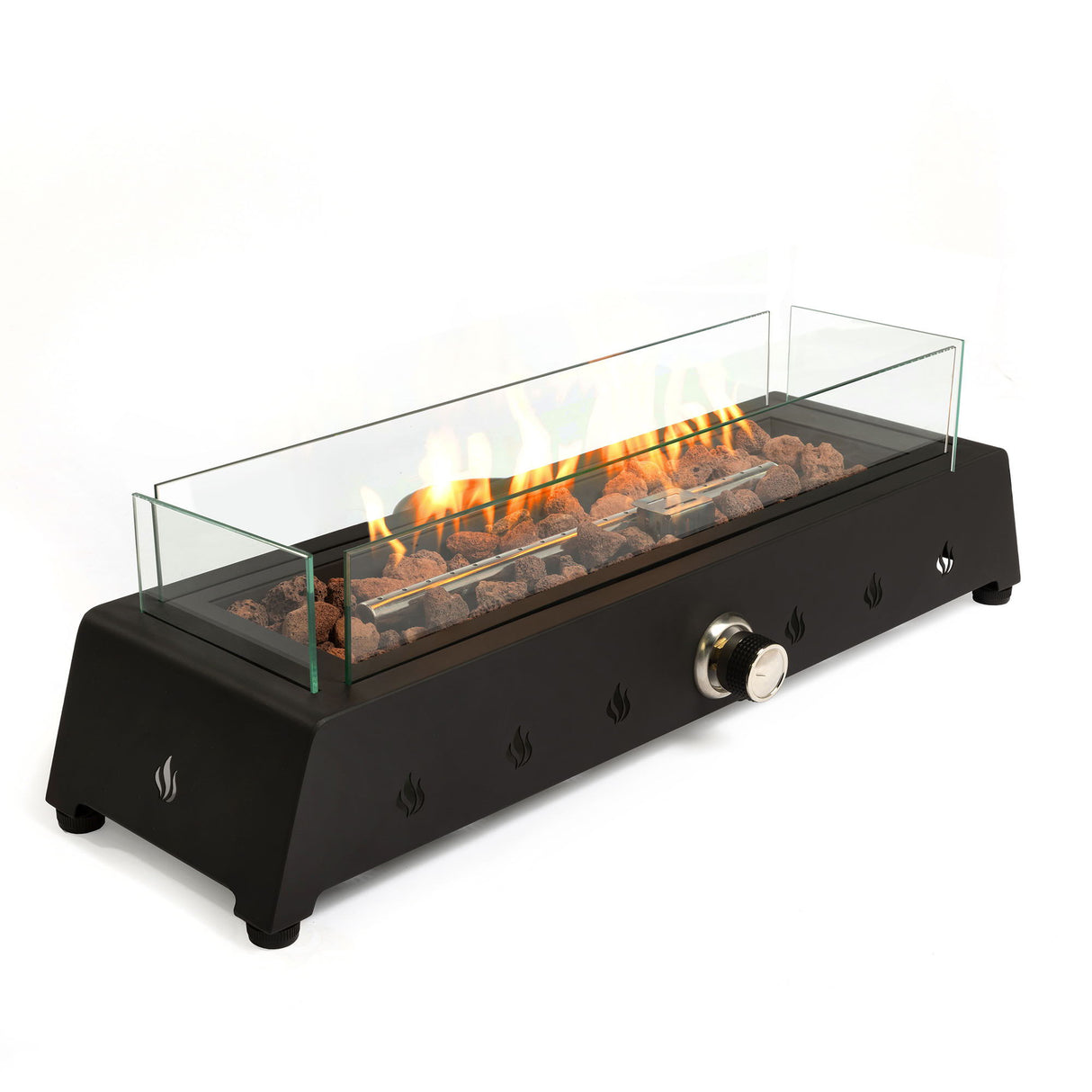 28" Tabletop Propane Fire Pit With Quick Connect Joint, Glass Wind Guard And Lava Rock - Black