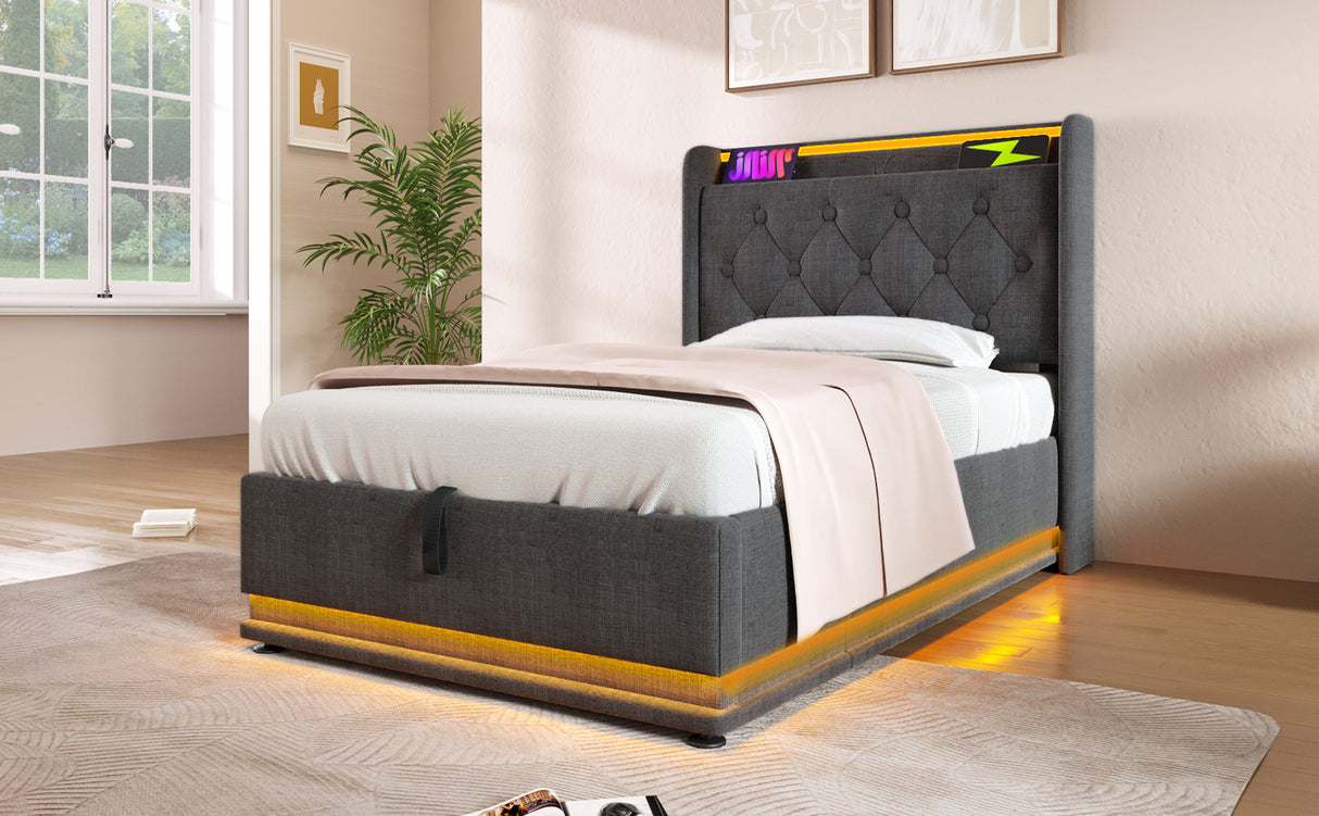 Twin Upholstered bed With 360 Surround LED, Remote Control, Hydraulic storage, USB Type-C charging - Gray