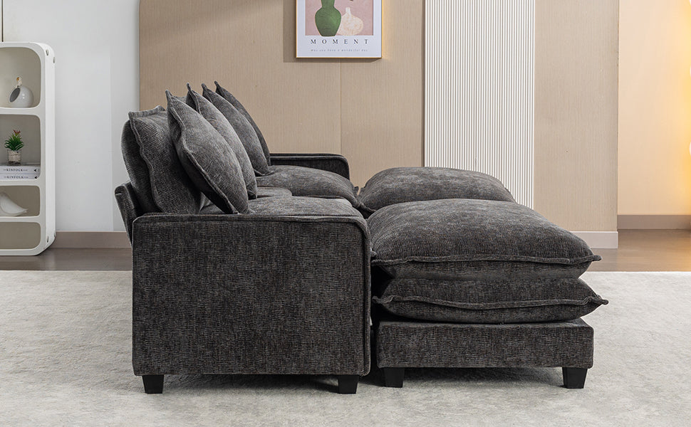 112.6" Chenille Upholstered Sofa with Two Ottomans, Two USB Ports, Two Cup Holders and Large Storage Box -Dark Gray