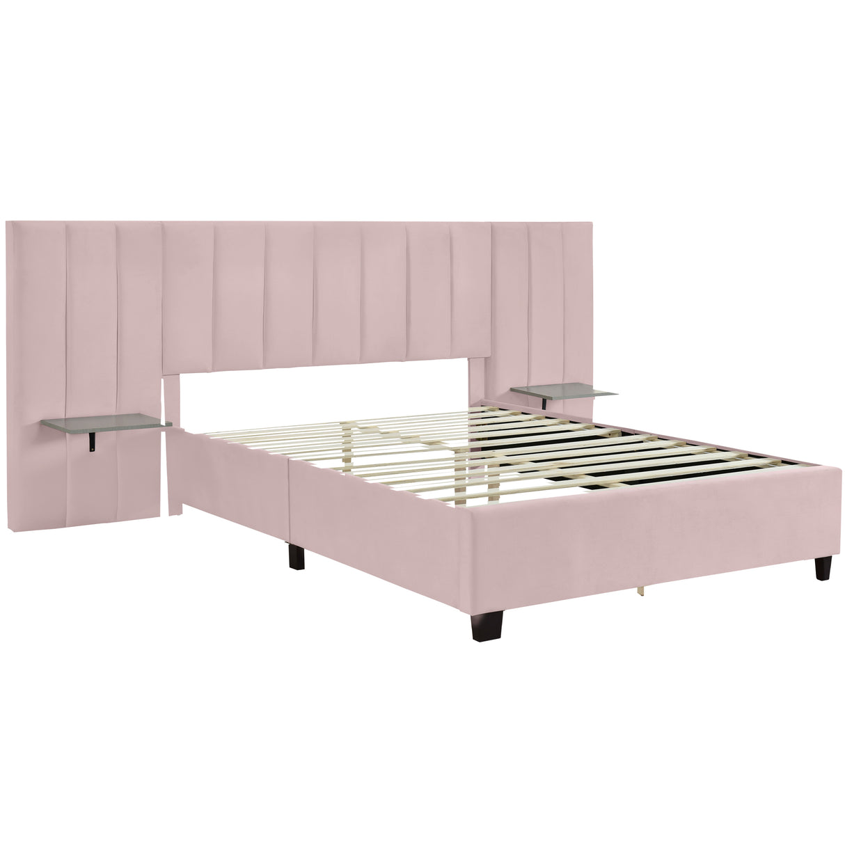 Queen Size Upholstered Platform Bed with Large Headboard - Velvet, Pink