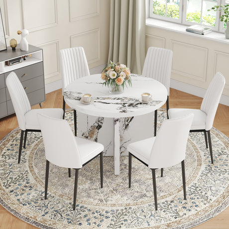 7 Piece Round Dining Table Set with 6 Upholstered Chairs - White