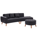 107" Contemporary Sofa with a Round Storage Ottoman and Three Removable Pillows - Black