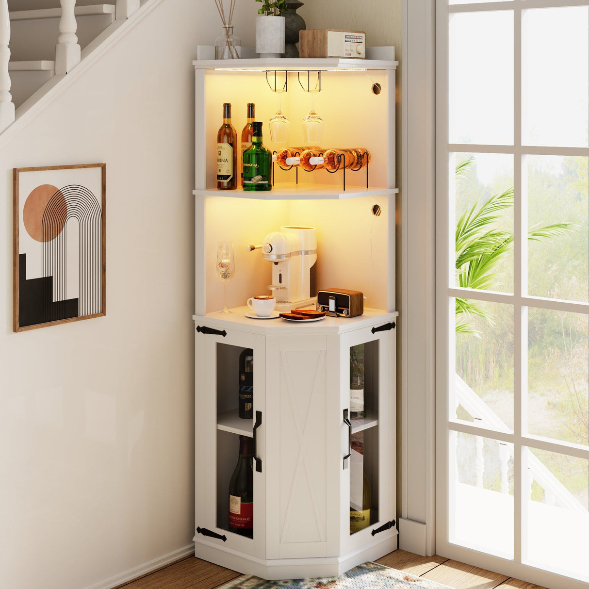 Corner Bar Cabinet With Power Outlet, Adjustable Shelves With Lights and Glass Rack - White