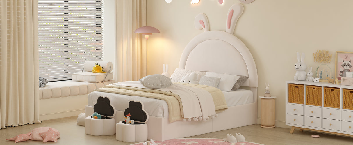 Full size Upholstered Rabbit-Shape Bed with 2 Storage Stools and Cartoon Ears Shaped Headboard, White