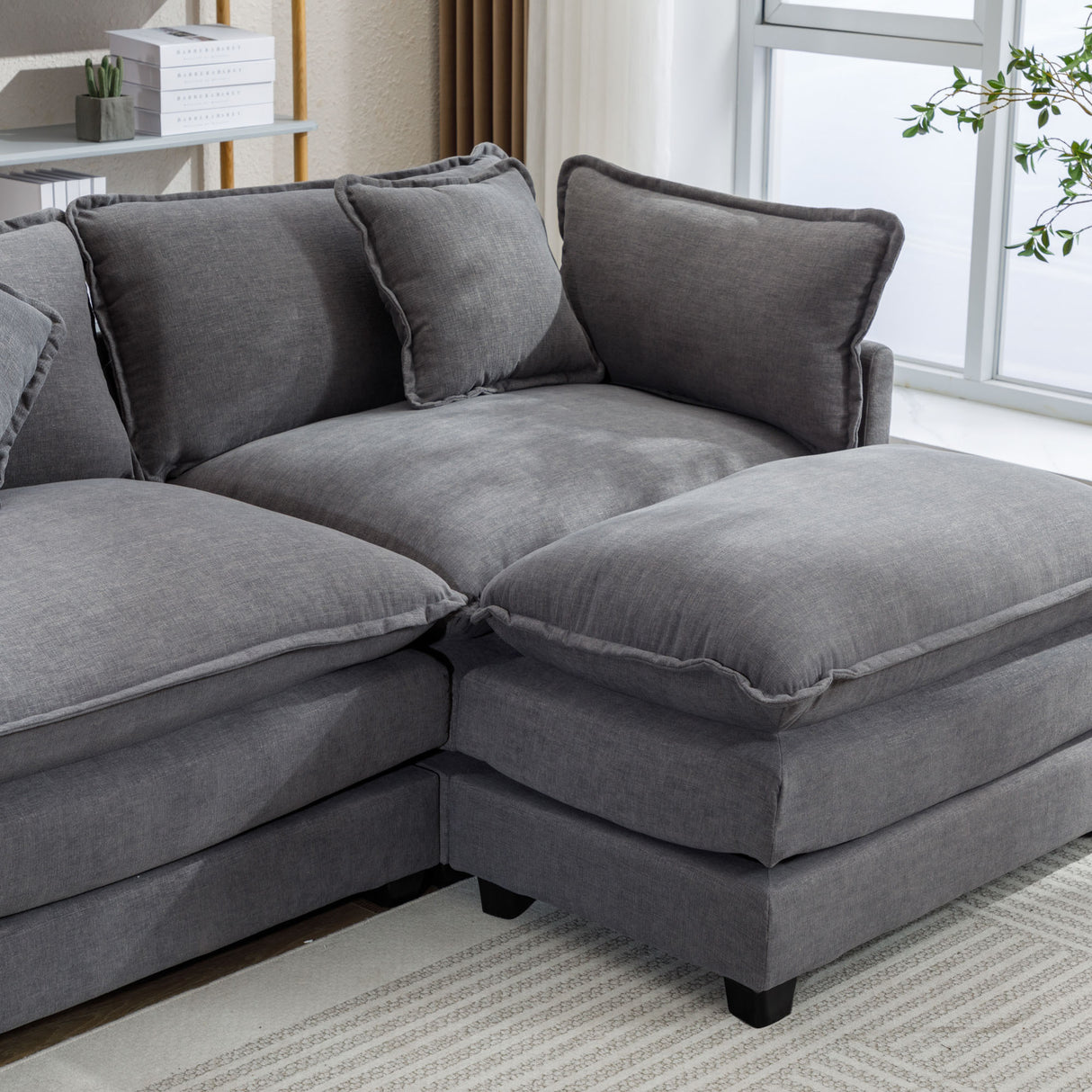 112.2" Chenille Upholstered Sofa with Ottoman and 5 Pillows - Gray