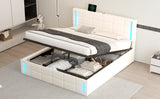 Queen Size Upholstered Bed with LED Lights, Hydraulic Storage System and USB Charging Station,White