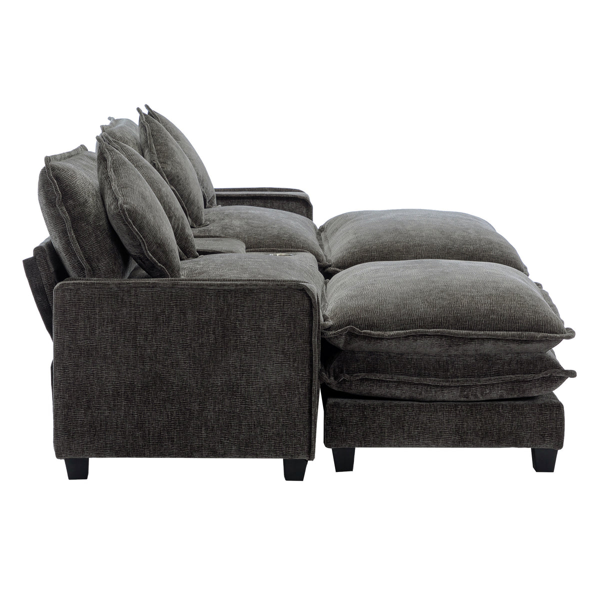 112.6" Chenille Upholstered Sofa with Two Ottomans, Two USB Ports, Two Cup Holders and Large Storage Box -Dark Gray