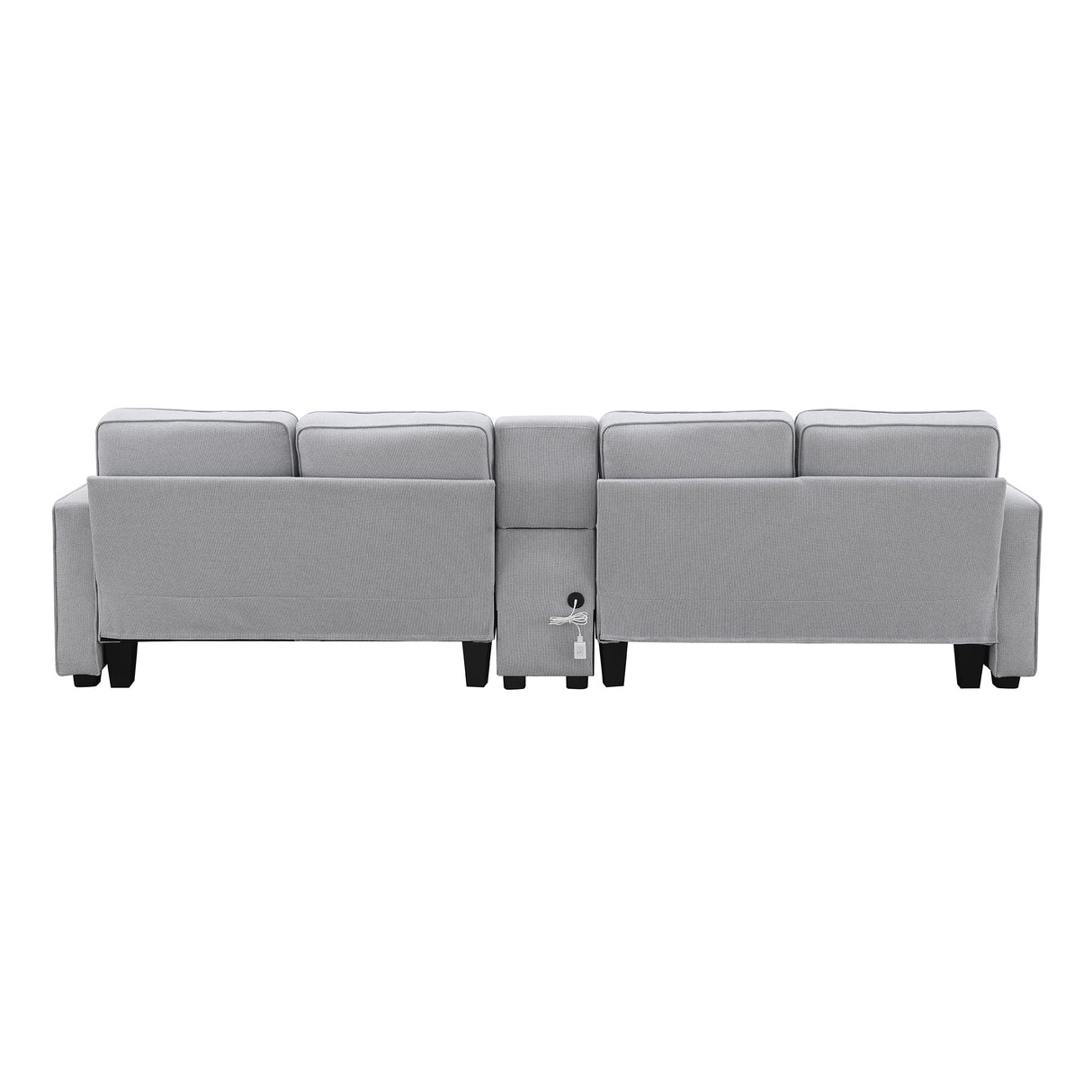 114.2" Upholstered Sofa with Console, 2 Cupholders, 2 USB Ports for Wired or Wireless Charge with 4 Pillows - Light Gray