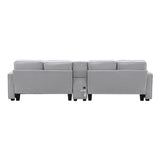 114.2" Upholstered Sofa with Console, 2 Cupholders, 2 USB Ports for Wired or Wireless Charge with 4 Pillows - Light Gray