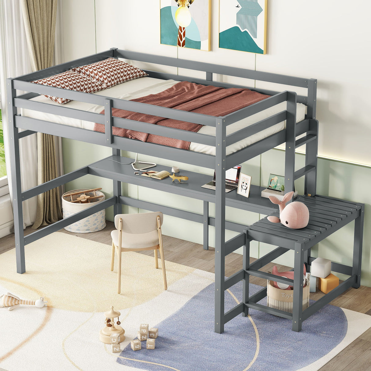 Loft Bed With Built-In Desk, Ladder Platform, Ladders, Guardrails