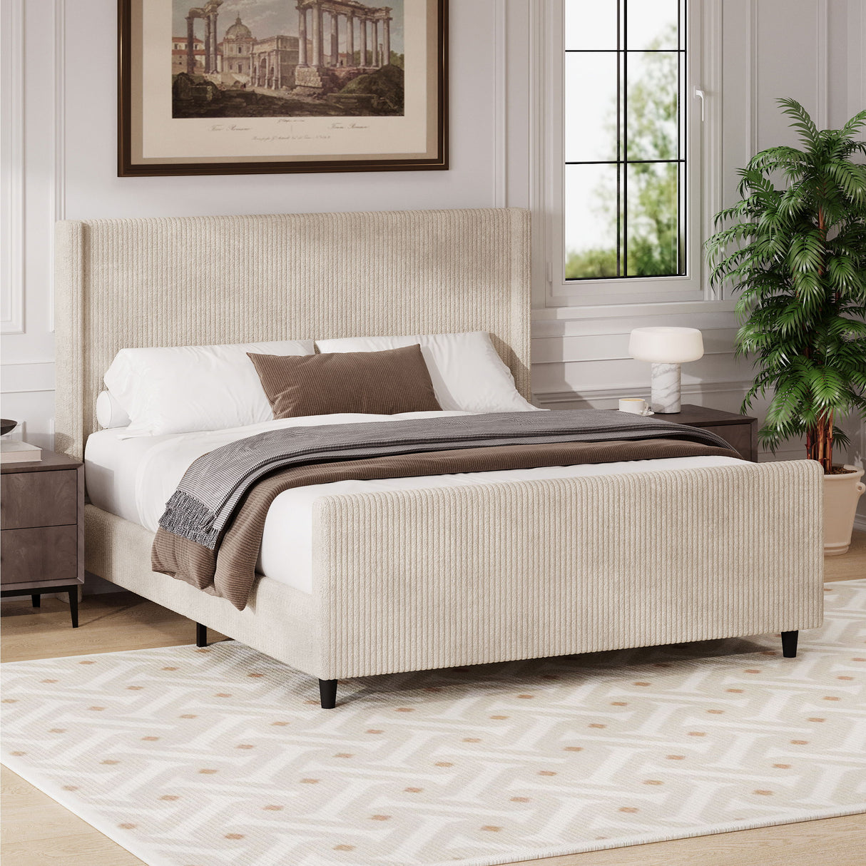 Corduroy Upholstered Bed Frame With Vertical Stripe Wingback And High Footboard No Box Spring Needed