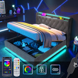 King Upholstered Bed With 360 Surround LED, Remote Control, Hydraulic Storagew and USB Type-C Charging - Gray