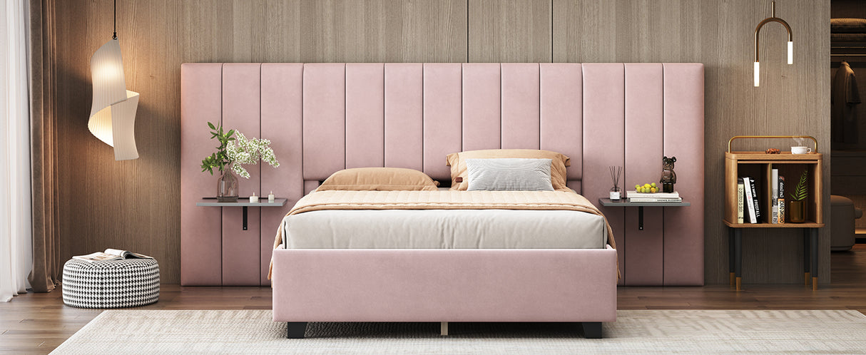 Full Size Upholstered Platform Bed with Tall Headboard, Pink